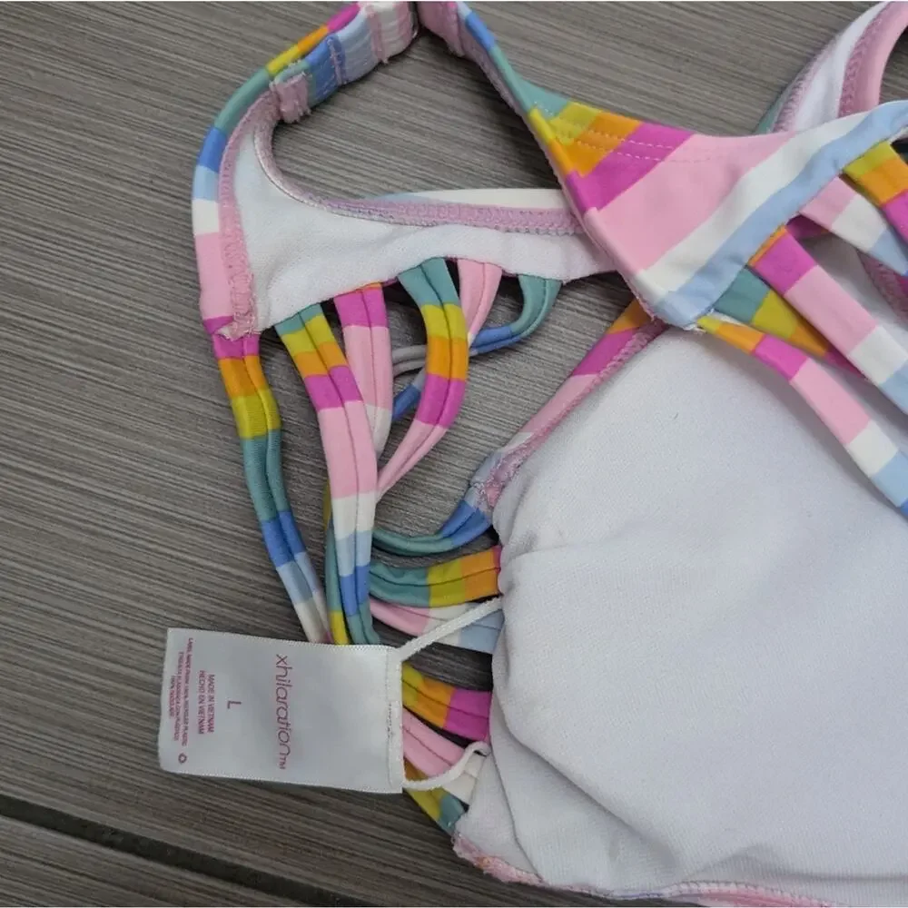 Xhilaration Strappy High Leg High Waist Colorful Striped Bikini Set
